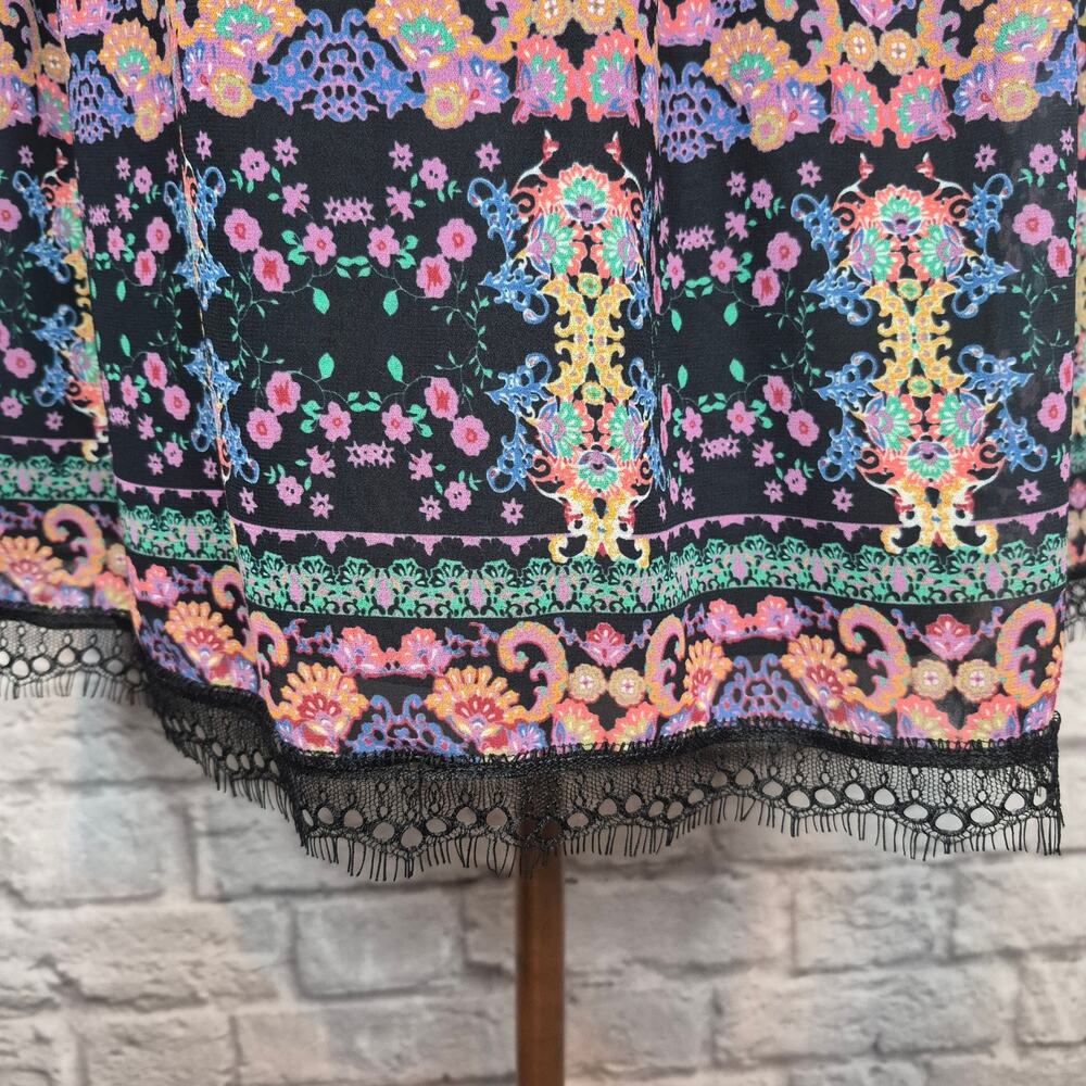 Sui Anna Sui Smocked Boho Peasant Dress Black Lace Multicolor Tribal Print Sz S - Picture 6 of 11